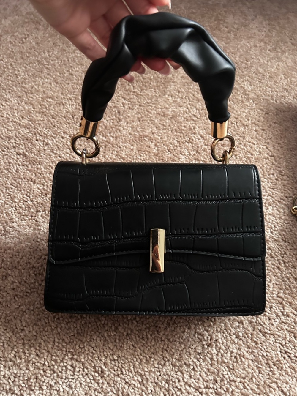 Black Croc-Embossed Top Handle Bag with Gold Hardware